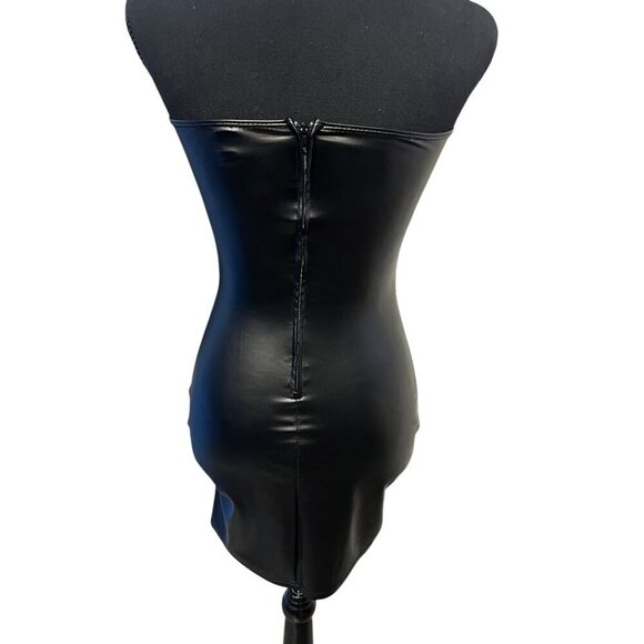 Windsor Strapless Black Faux Leather Bodycon Mini Dress Back Zipper Closure, rav - Picture 3 of 8